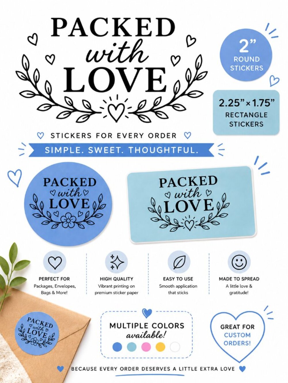 200 Blue Packed with Love Stickers, 100 Round and 100 Rectangle, Custom Sticker
